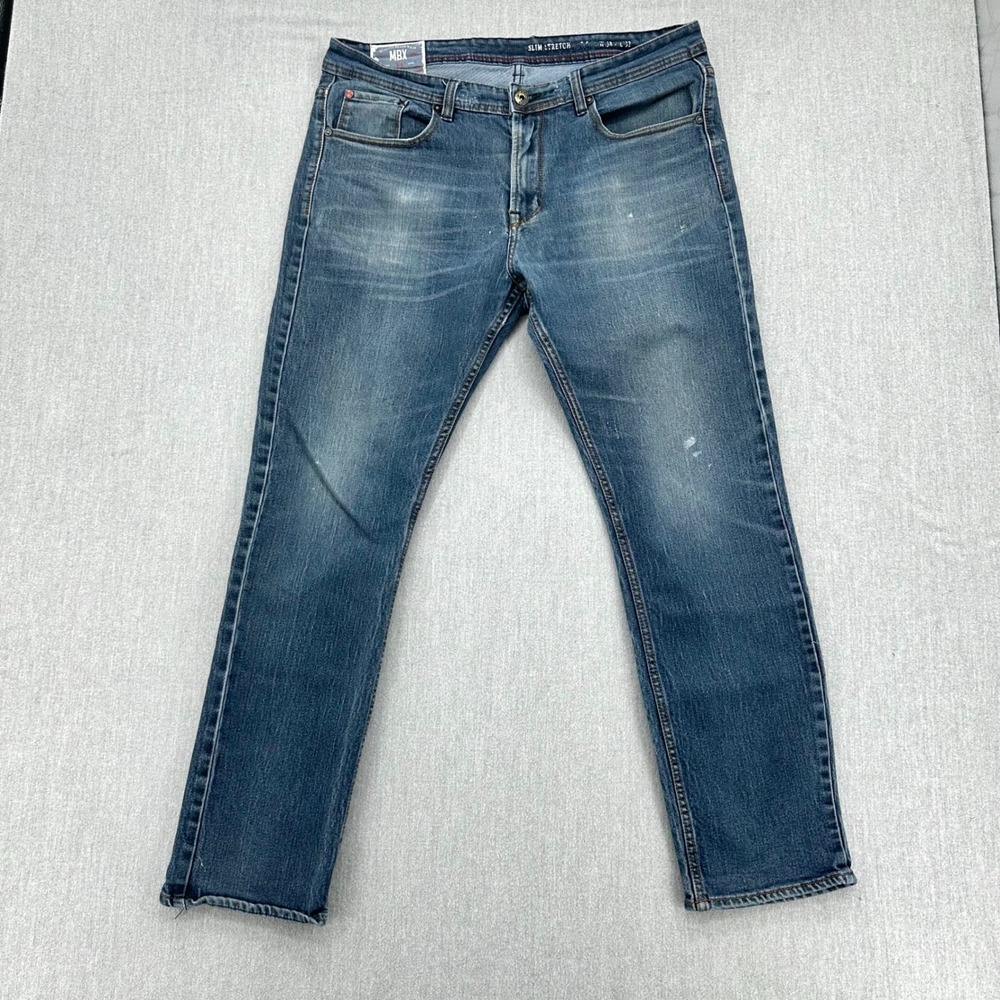 MBX Jeans Men 38x32 Blue Slim Stretch Distressed Faded Denim Pants